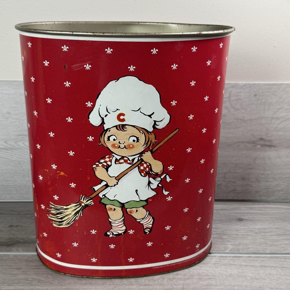 Vintage Campbell Soup Company Campbell Kids Wastebasket Red Metal USA Kitchen